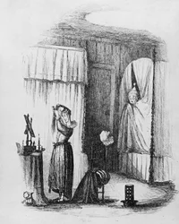 Dama w średnim wieku w pokoju dwuosobowym, ilustracja z „Papierów Pickwicka” Charlesa Dickensa, wydanej w 1837 r.